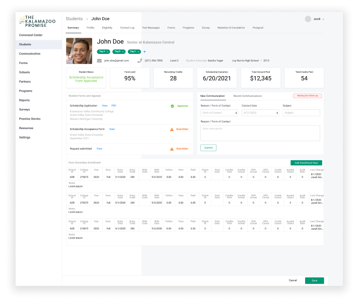 Picture of web portal and database for students